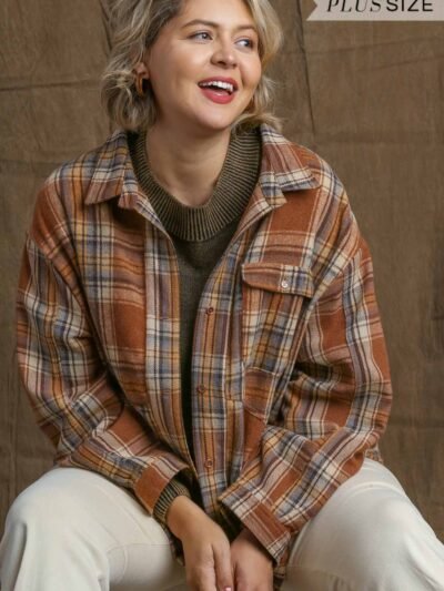 Plaid Collar Button Down Overshirt With Front Pockets Plaid Collar Button Down Overshirt With Front Pockets