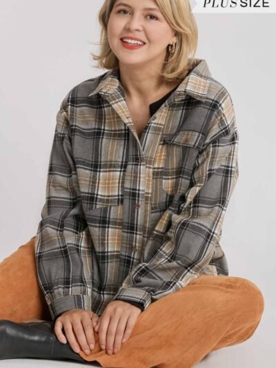 Plaid Collar Button Down Overshirt With Front Pockets Plaid Collar Button Down Overshirt With Front Pockets