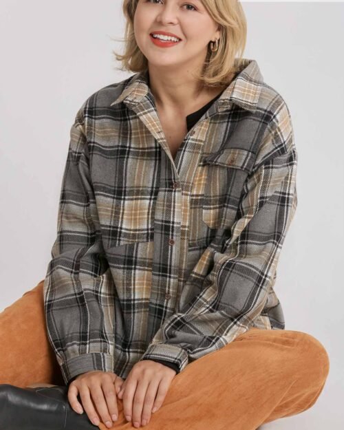 plaid collar button down overshirt with front pockets