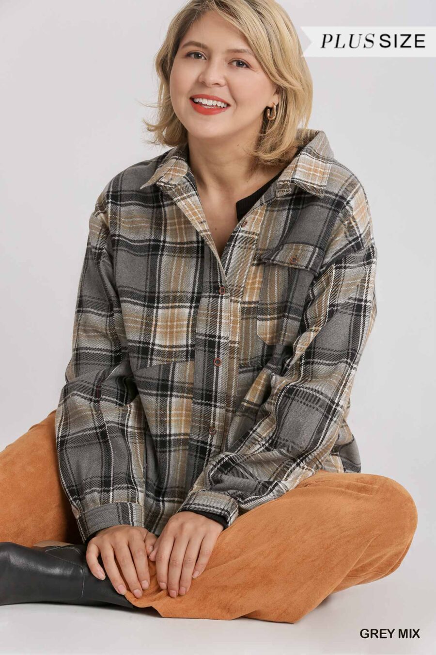 Plaid collar button down overshirt with front pockets