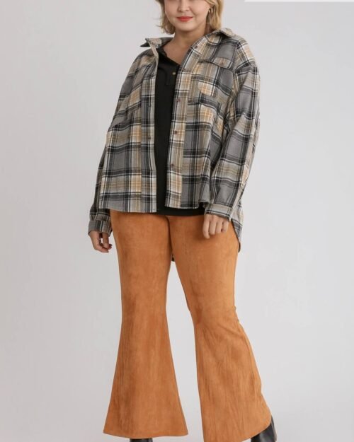 plaid collar button down overshirt with front pockets