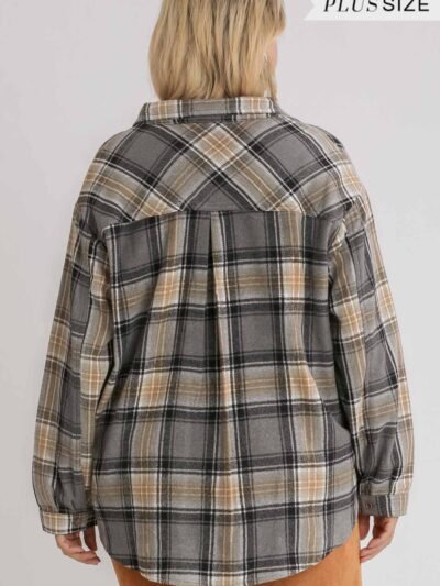 Plaid Collar Button Down Overshirt With Front Pockets Plaid Collar Button Down Overshirt With Front Pockets