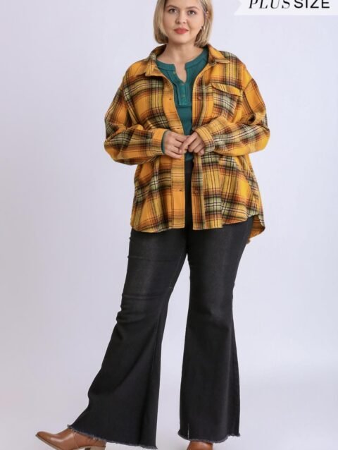 Plaid Collar Button Down Overshirt With Front Pockets