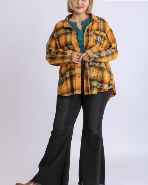 plaid collar button down overshirt with front pockets