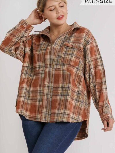 Plaid Collar Button Down Overshirt With Front Pockets Plaid Collar Button Down Overshirt With Front Pockets