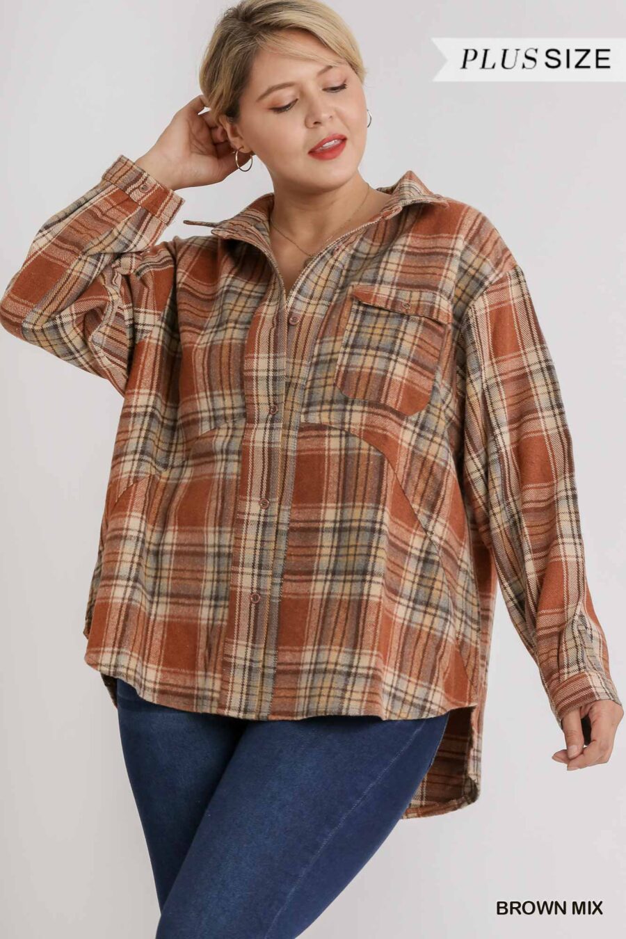 Plaid collar button down overshirt with front pockets