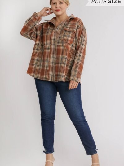 Plaid Collar Button Down Overshirt With Front Pockets Plaid Collar Button Down Overshirt With Front Pockets