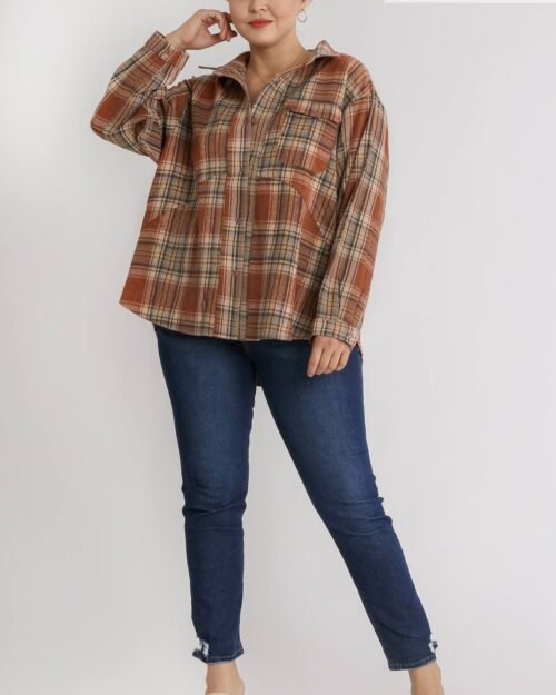 plaid collar button down overshirt with front pockets