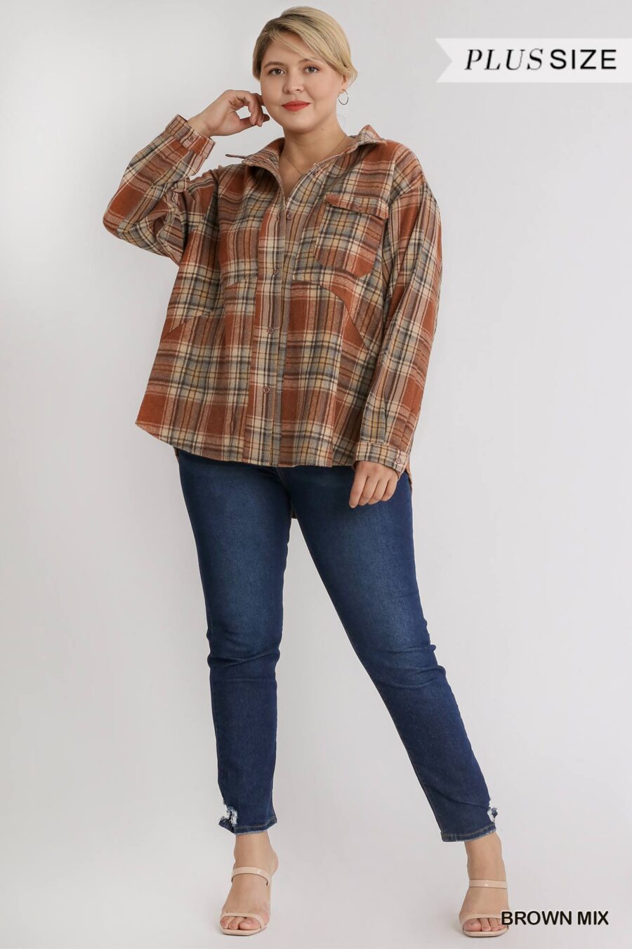 Plaid collar button down overshirt with front pockets