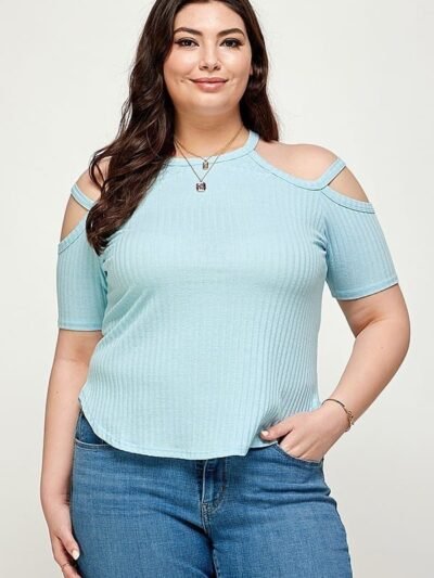 Plus Size, Solid Ribbed Cold Shoulder Top
