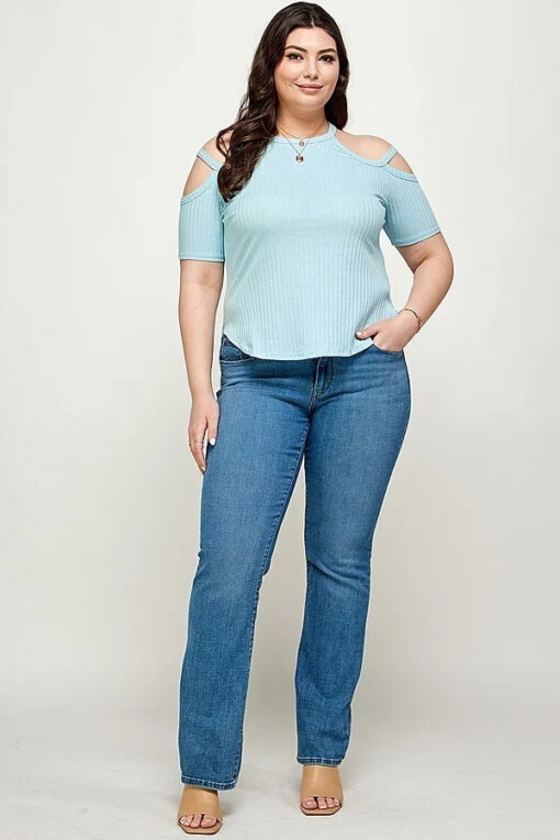 Plus Size, Solid Ribbed Cold Shoulder Top - Image 2