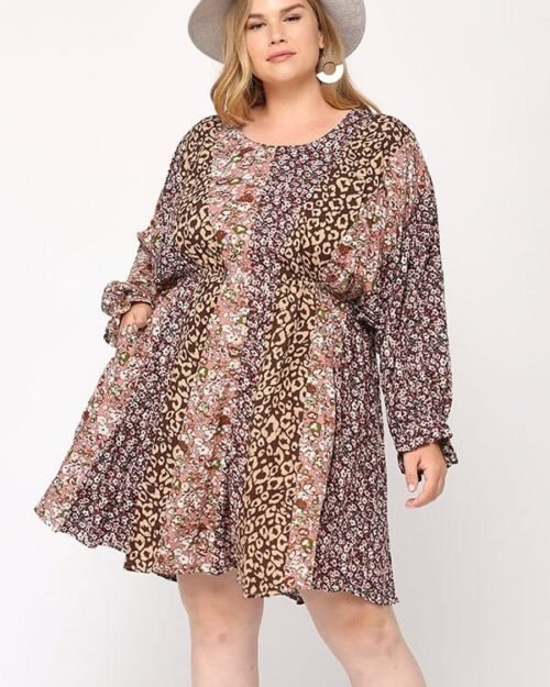 print mixed dolman sleeve dress with side pockets
