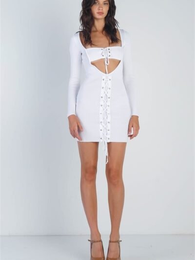 Knit Cut-out Bustier Top Lace Down Detail Mini Dress