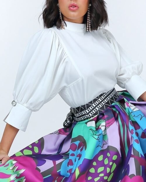 puff sleeve blouse with pearl buttons