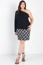 Plus Black Ribbed One Shoulder Top - Image 2