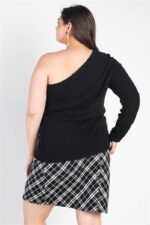 Plus Black Ribbed One Shoulder Top - Image 3