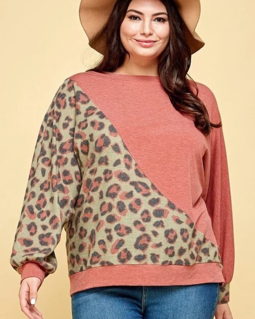 plus size cute animal french terry brush contrast print pullover