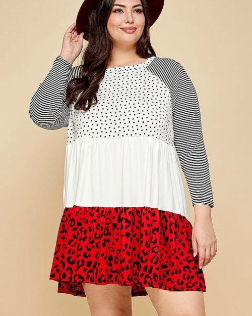 plus size cute polka dot and animal print contrast swing tiered dress