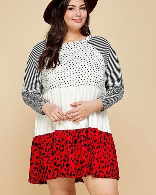 plus size cute polka dot and animal print contrast swing tiered dress