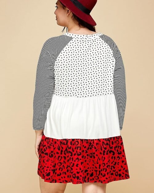 plus size cute polka dot and animal print contrast swing tiered dress