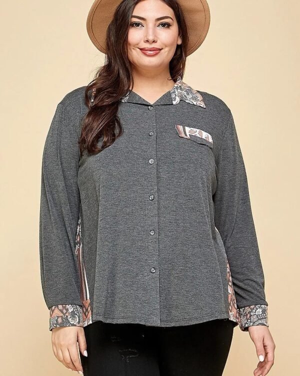 Plus Size Printed Patchwork Contrast Button Up Shirt