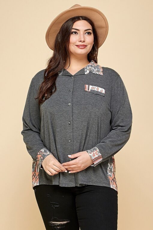 Plus Size Printed Patchwork Contrast Button Up Shirt - Image 4