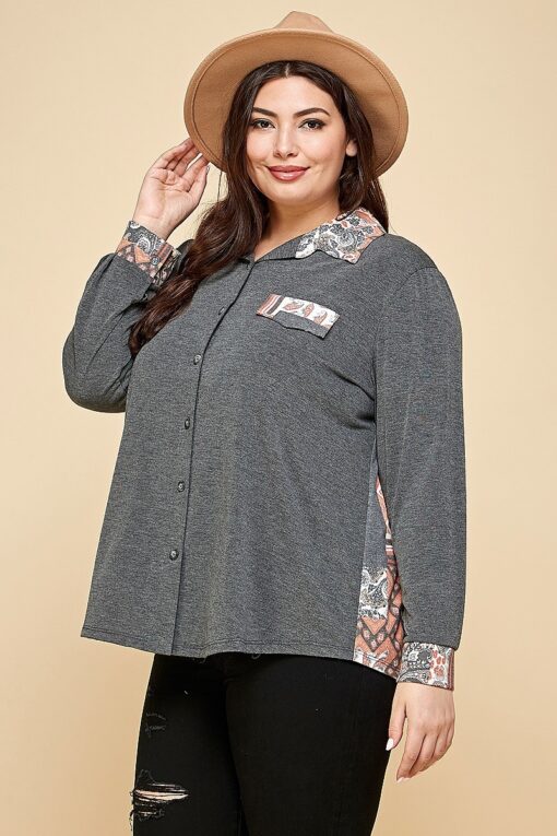 Plus Size Printed Patchwork Contrast Button Up Shirt - Image 6
