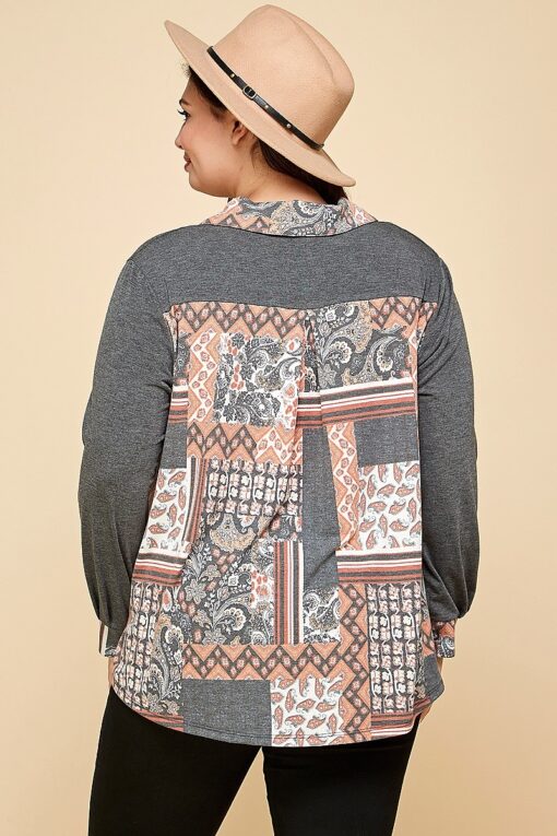 Plus Size Printed Patchwork Contrast Button Up Shirt - Image 7