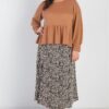 Plus Caramel Waffle Knit Back Button Detail Long Sleeve Top