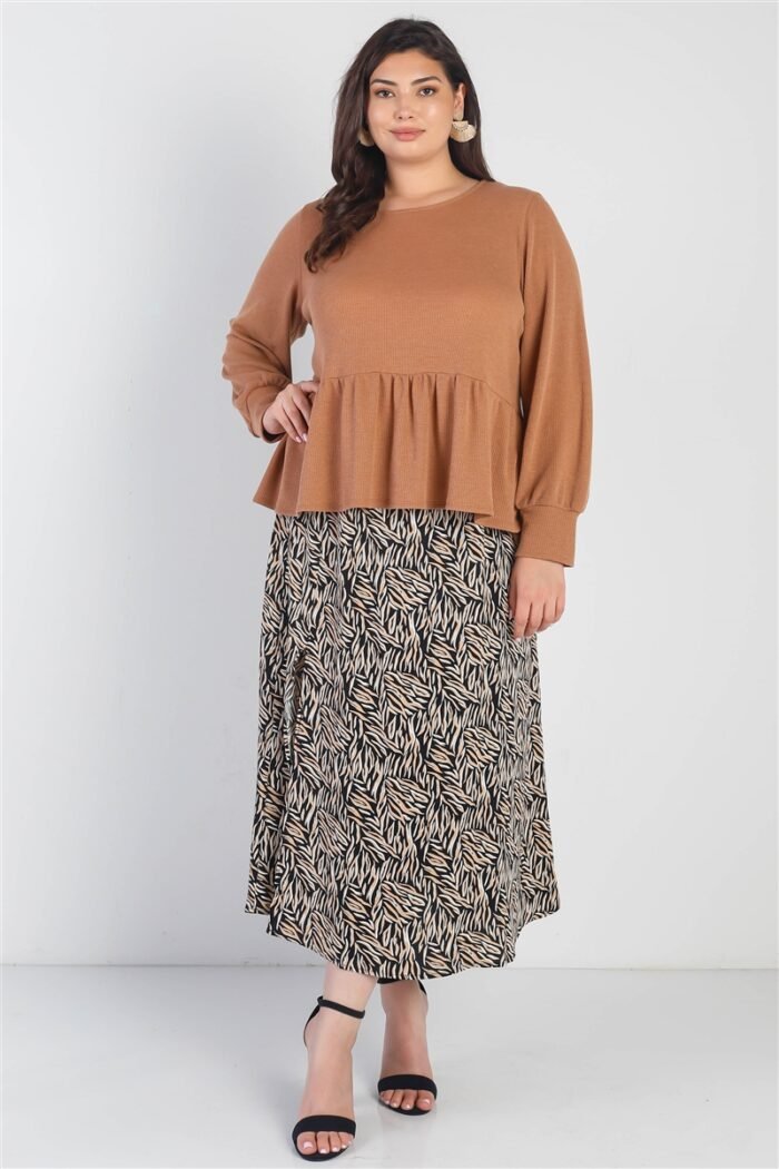 Plus caramel waffle knit back button detail long sleeve top - image 1