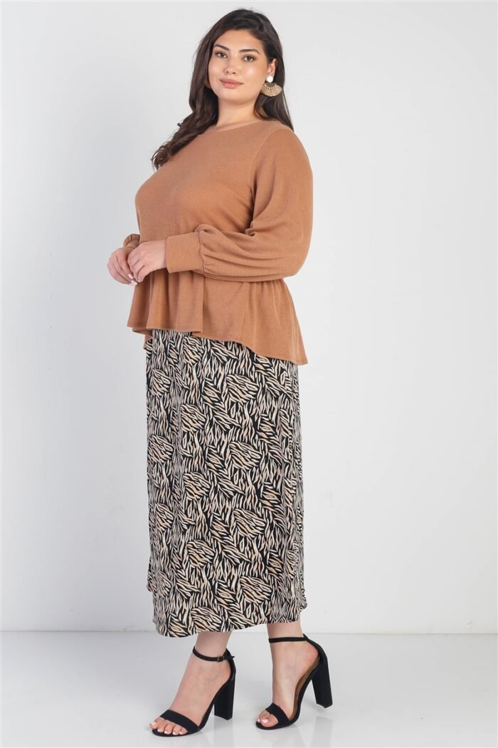 Plus caramel waffle knit back button detail long sleeve top - image 2