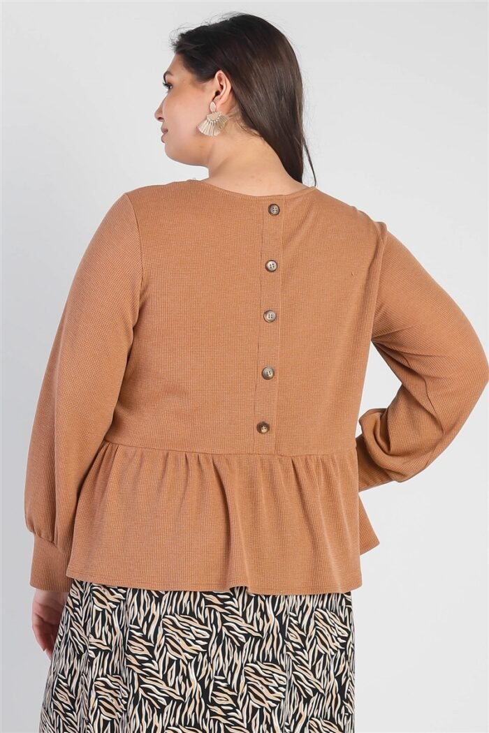 Plus caramel waffle knit back button detail long sleeve top - image 3