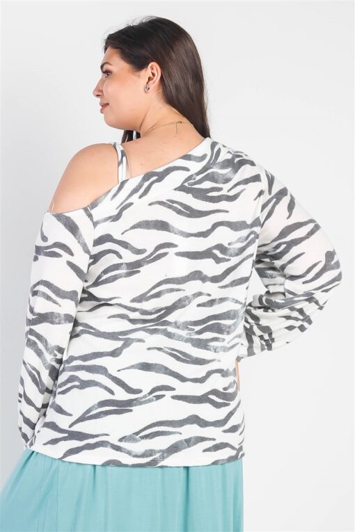 Plus White & Charcoal Zebra Flannel Cold Shoulder Long Sleeve Top - Image 3