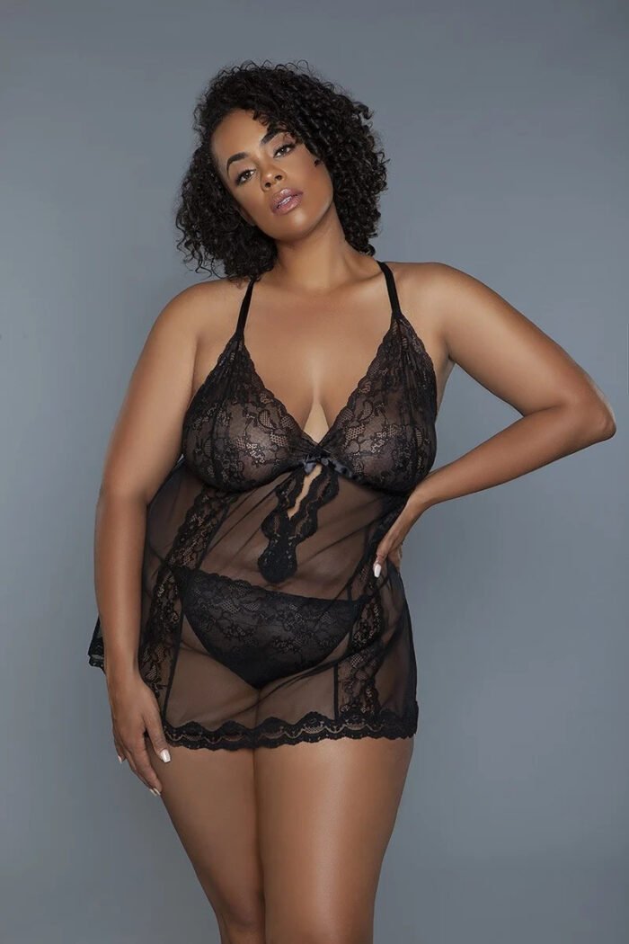 2 pc unlined lace cups babydoll sheer mesh and lace front panels design