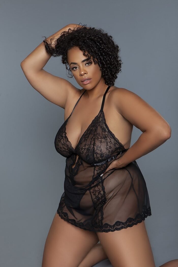 2 pc unlined lace cups babydoll sheer mesh and lace front panels design