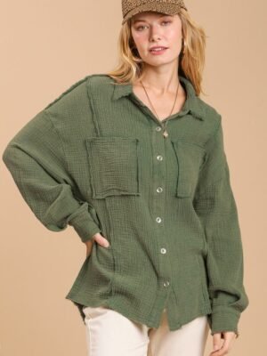 Mineral wash button down top with high low hem Mineral wash button down top with high low hem
