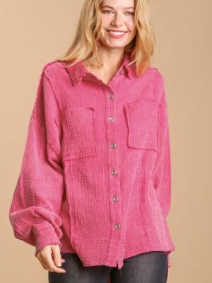 Mineral wash button down top with high low hem Mineral wash button down top with high low hem