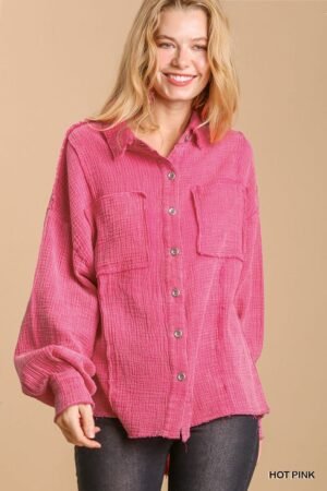 Mineral wash button down top with high low hem Mineral wash button down top with high low hem