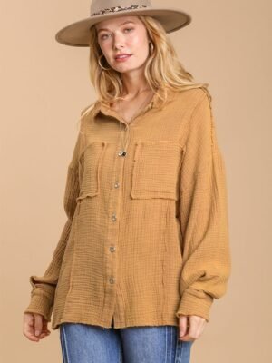 Mineral wash button down top with high low hem