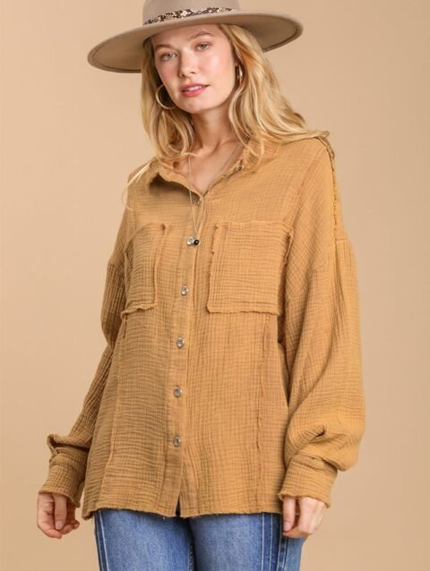 Mineral wash button down top with high low hem