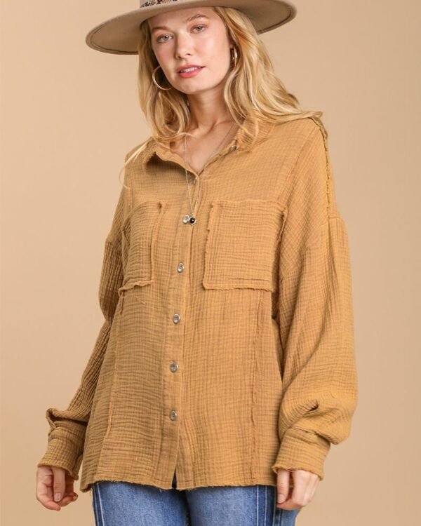 Mineral wash button down top with high low hem