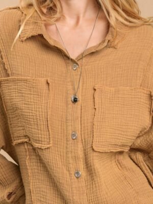 Mineral wash button down top with high low hem Mineral wash button down top with high low hem