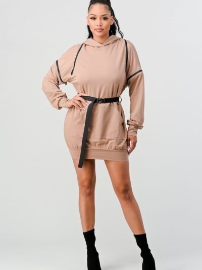 Double Zipper Long Sleeve Hooded Mini Dress