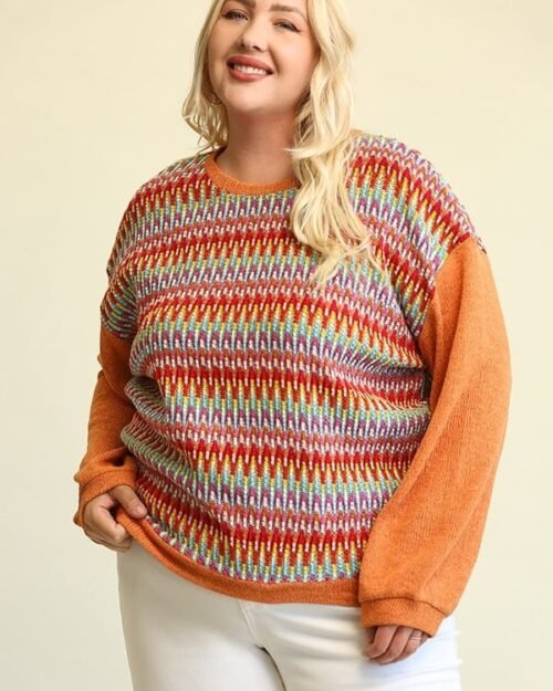 Novelty Knit And Solid Knit Mixed Loose Top With Drop Down Shoulder