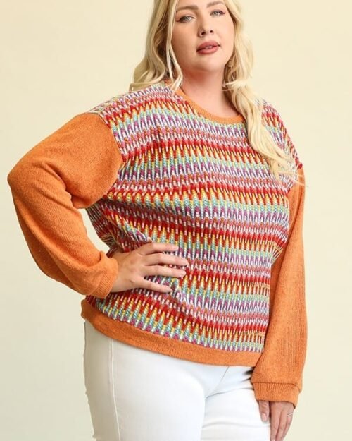 novelty knit and solid knit mixed loose top with drop down shoulder