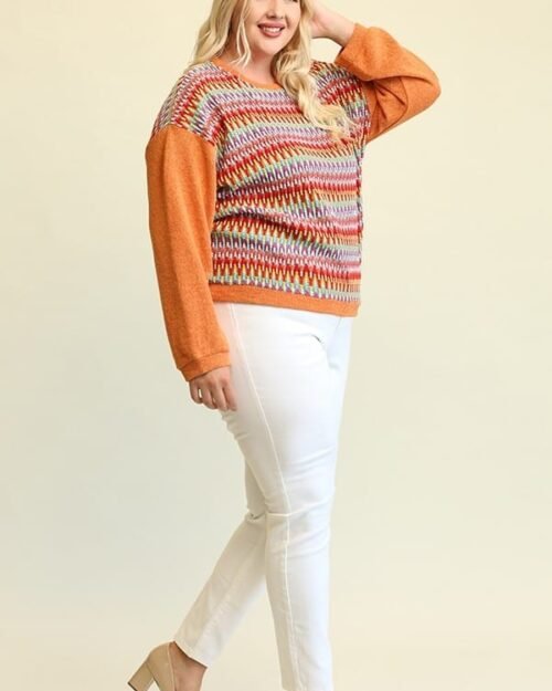 novelty knit and solid knit mixed loose top with drop down shoulder