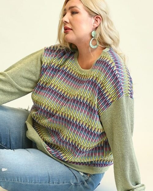 novelty knit and solid knit mixed loose top with drop down shoulder