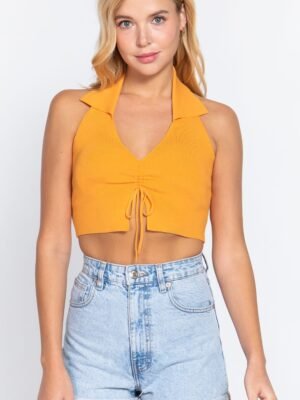 Halter Ruched Crop Sweater Knit Top