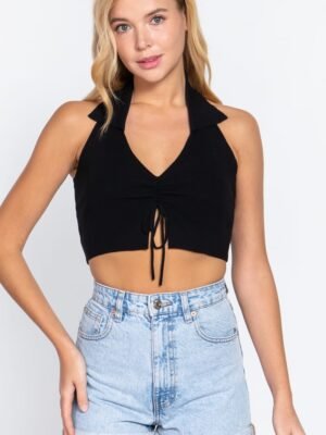 Halter Ruched Crop Sweater Knit Top