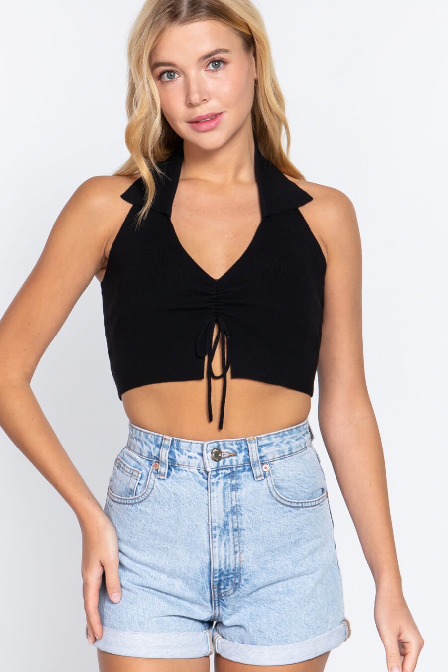 Halter ruched crop sweater knit top